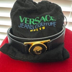 Authentic vintage Versus by Gianni Versace Black Belt with Gold Medallion